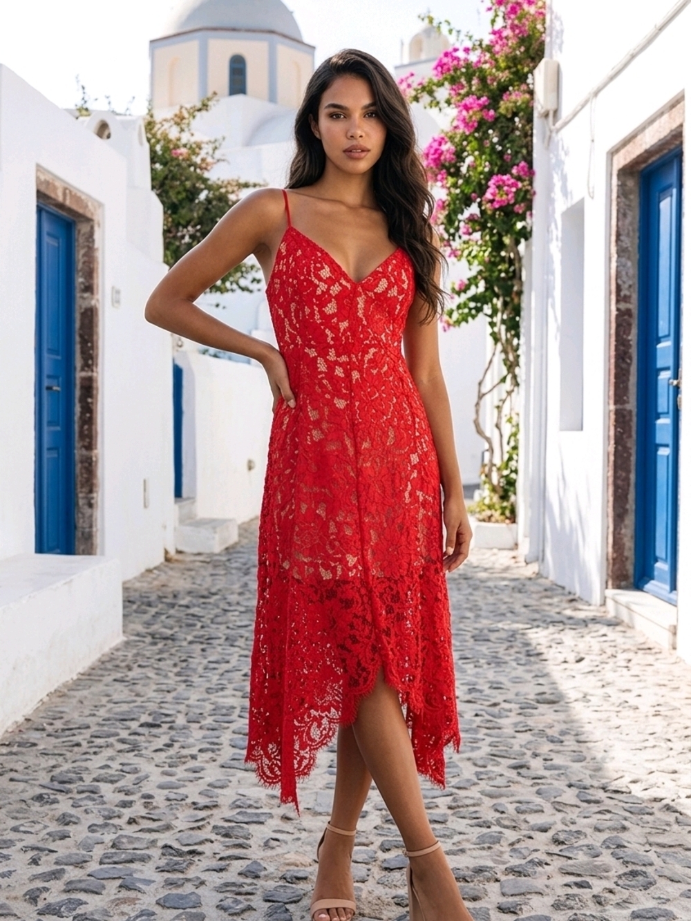 Lulus One Wish Red Lace Lined Midi Dress Handkerchief Hem L EUC